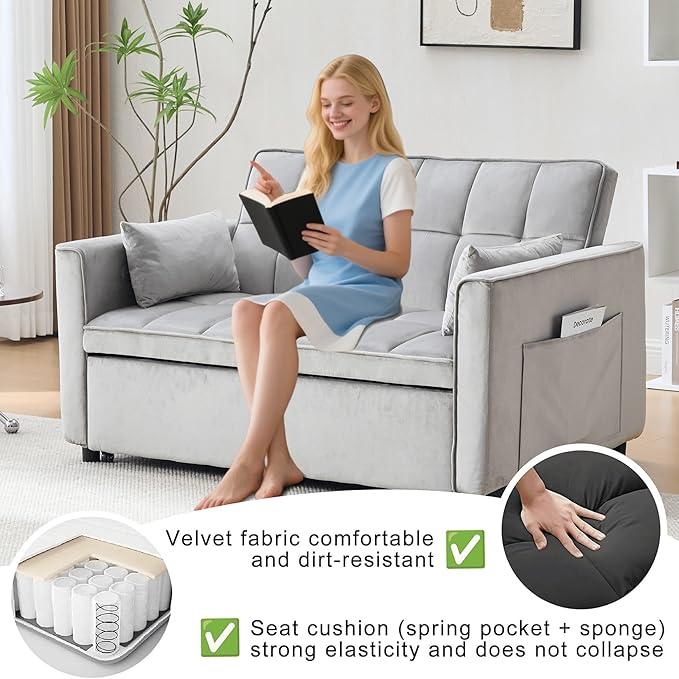 Velvet 3-in-1 Convertible Sofa Bed - USB Charging Port Adjustable Backrest Loveseat Sleeper for Small Space Apartment Versatile Futon Pull Out Couch for Living RoomGray