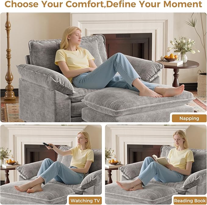 HUSFU 49.5'' Oversized Accent Chair with Ottoman Chenille Cloud Couch Chair with Deep Seat and Extra Wide Armrests Comfy Reading Armchair for Bedroom Living Room Set of 2 Gray