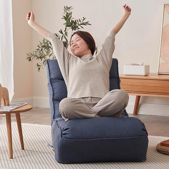 Adjustable Japanese Reclining Chair Multifunctional Lazy Sofa Floor Chair for Living Room Bedroom Balcony Tatami Ergonomic Design Spring Built-in Metal Frame Navy