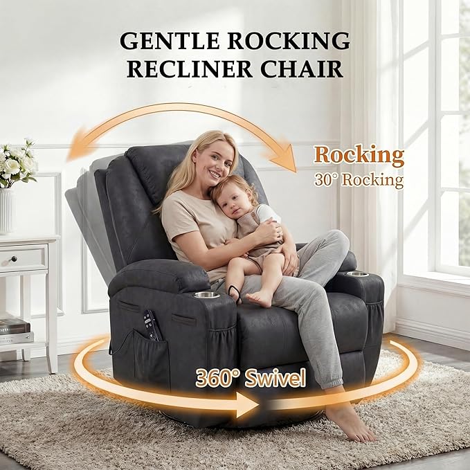 Flamaker Swivel Rocker Recliner for Adults 360 Glider Rocking Chair with Vibration Massage Upholstered Recliner Chair with 2 Cup Holders &amp Side Pockets for Living Room Nursery (Leathaire Black