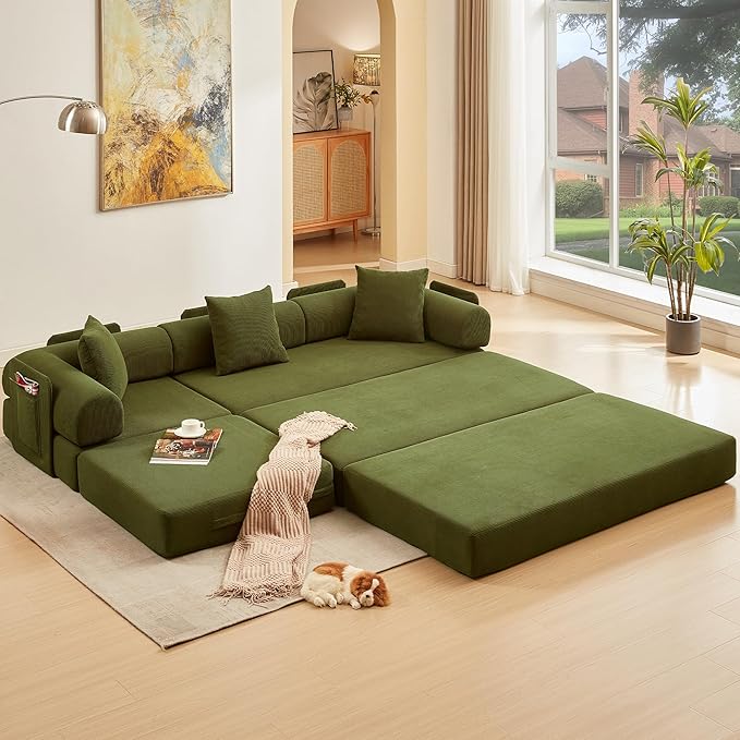 L Shaped Convertible Modular Sofa Bed with Cylindrical Pillow &amp Reversible Chaise Corduroy Folding Floor Sofa Couch Bed with Fixed-Shape Frame &amp Storage Pocket for Living Room Green