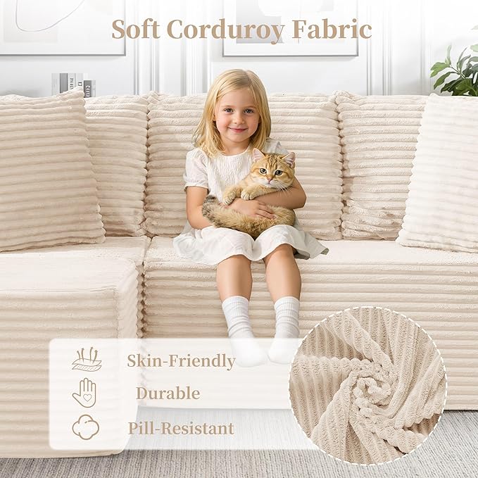 80 Cloud Modular Sectional Sofa with L-Shaped Boneless Couches for Living Room Fluffy Comfy Corduroy Deep Seat with Ottoman Bedroom Apartment No Assembly Required