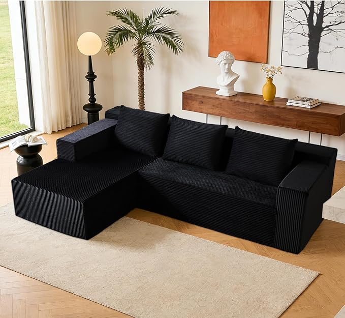 ANONER 103 L-Shaped Sofa Bed Cloud Couch Modular Sectional Corner Sofa with Deep Seat Modern Minimalist Boneless Couch with Chaise Free Combination Couches for Apartment (Black)