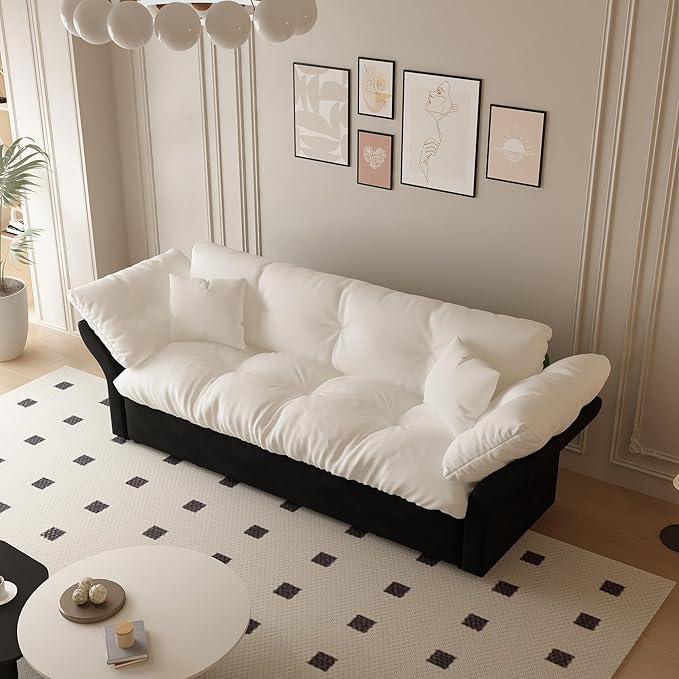 74.8 Queen Size Futon Sofa Bed Love Seat Sleeper Bed Small Space Sleeper Sofa Couch with Pullout Bed 3 in 1 Velvet Futons Convertible Sofa Bed for Living Room Apartment Beige