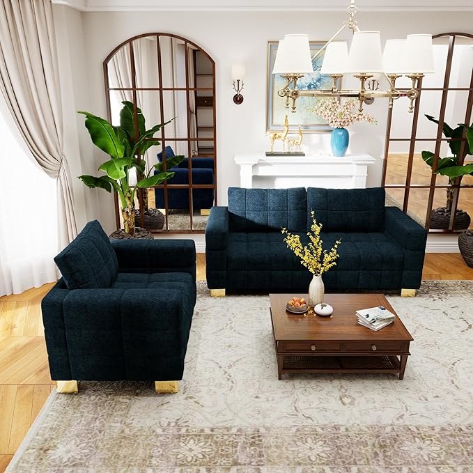 81.89 Sofa Comfy 3 Seat Sofa Tufted Chenille Upholstered Sofa Couch for Living Room with Gold Metal Legs and 2 Throw Pillows (Blue+1.5S)