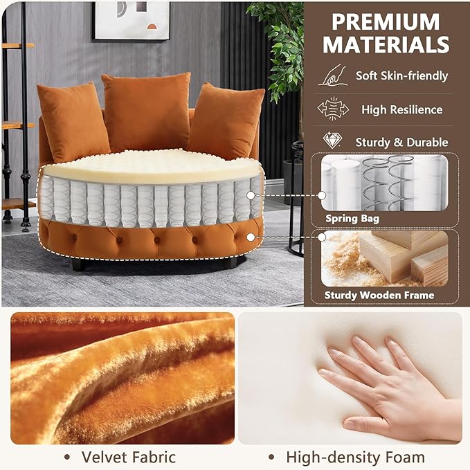 mikibama Round Barrel Accent Chair Oversized Upholstered Sofa Velvet High-Resilience Sponge Sofa Chair for Living Room Bedroom Apartment