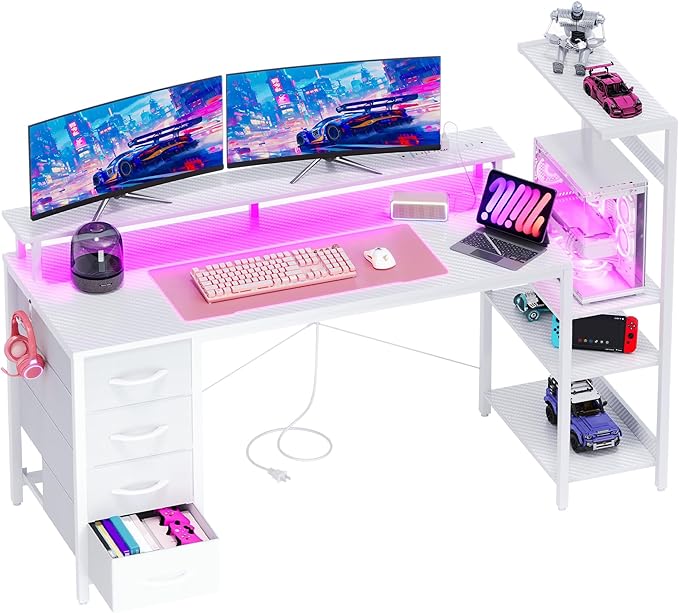 59 Inch Gaming Desk with LED Lights and Power Outlets Computer Desk with Storage Shelves Fabric Drawers Monitor Stand &amp Side Hook Reversible Gamer Table for Home Office Carbon Fiber White