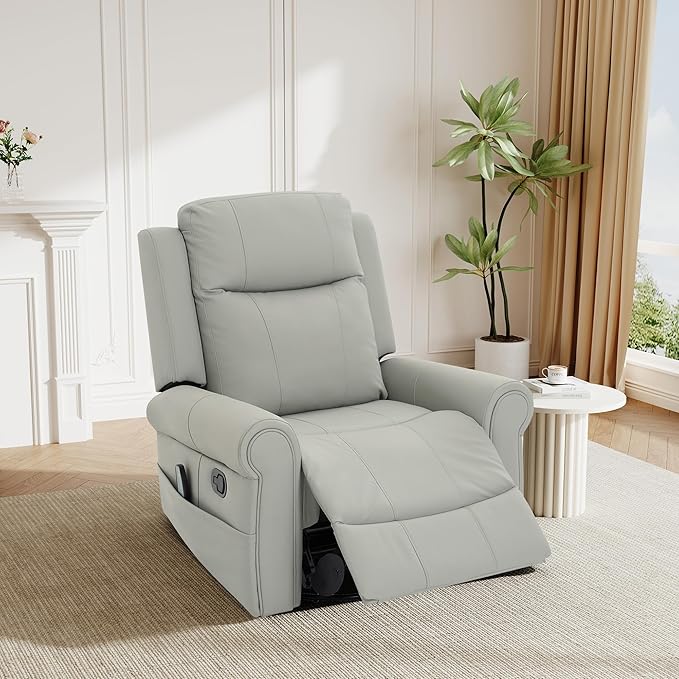 Merax 270°Swivel Rocker Recliner Chair PU Leather Manual Recliner with Massage and Heating Dual Reclining Positions and Side Pocket and for Living Room Bedroom or Nursery Grey
