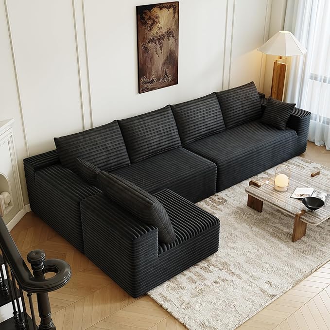 139.4 Modular Sectional Sofa L-Shaped Minimalist Couches with Middle Seat Chaise Modern Deep Seat Convertible Sleeper SofaCloud Plush Corduroy Fabric No Assembly Required 5 Seater Black