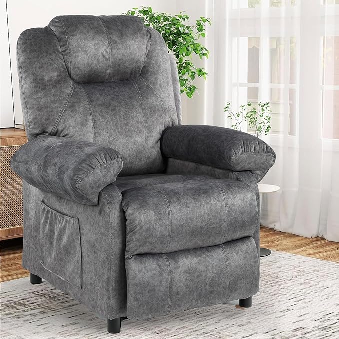 Pushback Massage Recliner Chairs with Heat for Adult Mid-Century Heated Fabric Reclining Chair Small Manual Recliner Chair for Small Places Grey