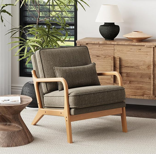 Accent Chair with Solid Wood Frame Mid-Century Relaxing Armchair Lumbar Pillow&amp Soft Cushion Reading Leisure Chair for Living Room Bedroom Waiting Room-Green