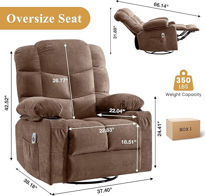 Oversized Massage Swivel Recliner Chair with Lumbar Heating for Living Room Rocker Recliner Single Sofa with Cup Holders and USB Charge Port Large Big Chair Recliners for Adult