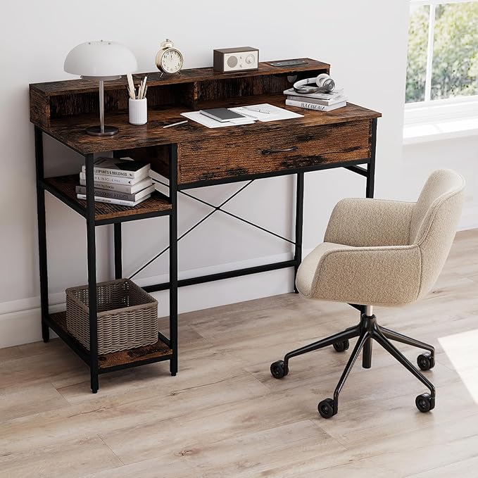 Tangkula Small Computer Desk with Power Outlets 42 Writing Desk with Hutch Drawer &amp 2 Open Shelves Gaming Table with Heavy-Duty Metal Frame for Home Office (Rustic Brown)