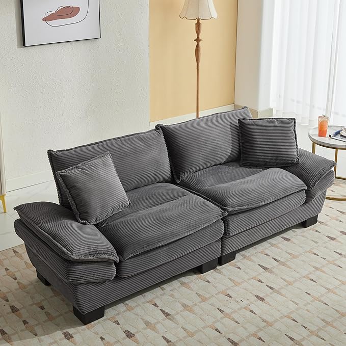 KEIKI Loveseat Sofa 84 Corduroy Upholstered Couch with Deep Seat and 2 Pillows Modern Loveseat Sofa Couch for Small Spaces Living Room Apartment Office Grey