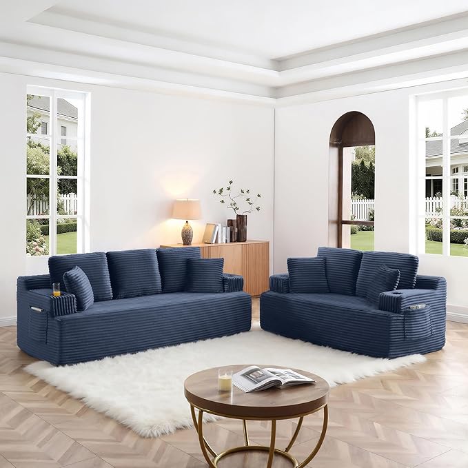 Boneless Sofa Couch Set with Cup Holders &amp Side Pockets Modern Corduroy Fabric Upholstered 3-seat Couch &amp Loveseat Set with 4 Throw Pillows for Living Room Office No Assembly (Blue)