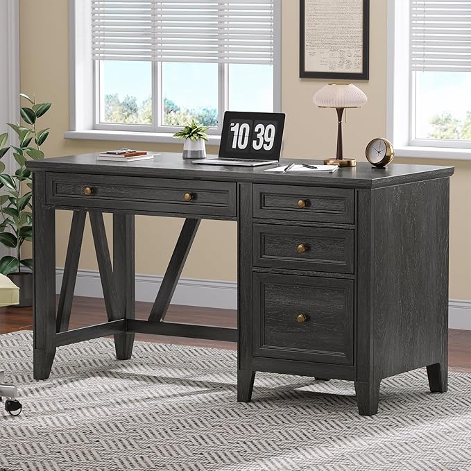 ONBRILL 54 Inch Farmhouse Executive Desk Computer Desk with Storage Drawers &amp File Drawer Modern Home Office Desk with Charging Station for Working Studying Writing Brown (Black)