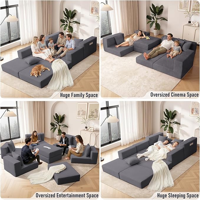 102 Upgraded L-shaped Modular Sectional Couches for Living Room Convertible Oversized Sleeper Sofa Bed-Luxury 1.5 Queen Bed. 11-in-1 Multifunctional Corduroy Boneless Folding Futon Couch Grey.