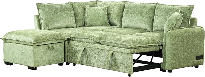 82.67 Convertible Sofa Bed Sectional Sofa Sleeper Chenille L-Shaped Sofa with Movable Storage Ottoman and 2 Pillows Pull-Out Sofa Bed Corner Couch for Living Room Office Apartment (Green-CV)