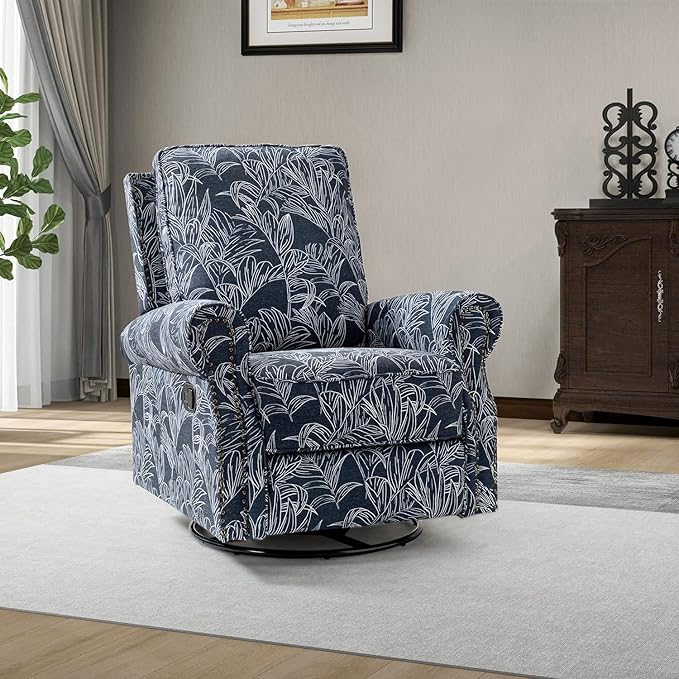 HULALA Home Modern Rocker Recliner Printed Fabric Swivel Glider with Adjustable Backrest &amp Footrest Navy