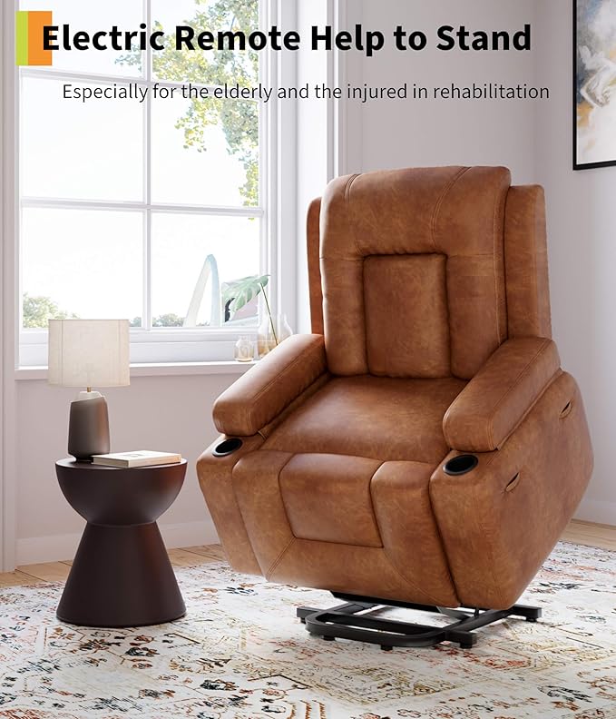 GarveeHome Power Lift Recliner Chair - Heat and Massage PU Leather Electric Lift Recliner for Elderly &amp Mobility Impaired Adjustable Back and Legs Heavy Duty Lift Chair for Seniors