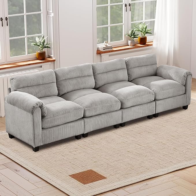 CANMOV Modular Sectional Sofa Corduroy 4-Seater Couches with Thick Cushion for Living Room Grey