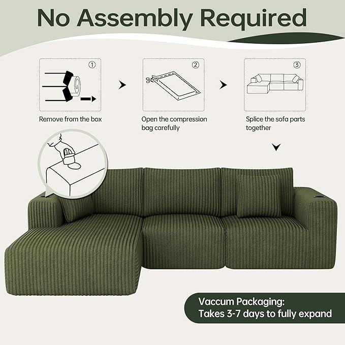 DURASPACE 108 Sectional Couch L Shaped Sofa Boneless Foam Cloud Couches with Chaise Fluffy Plush Corduroy Modular Couches for Living Room (Green Left Facing Chaise)