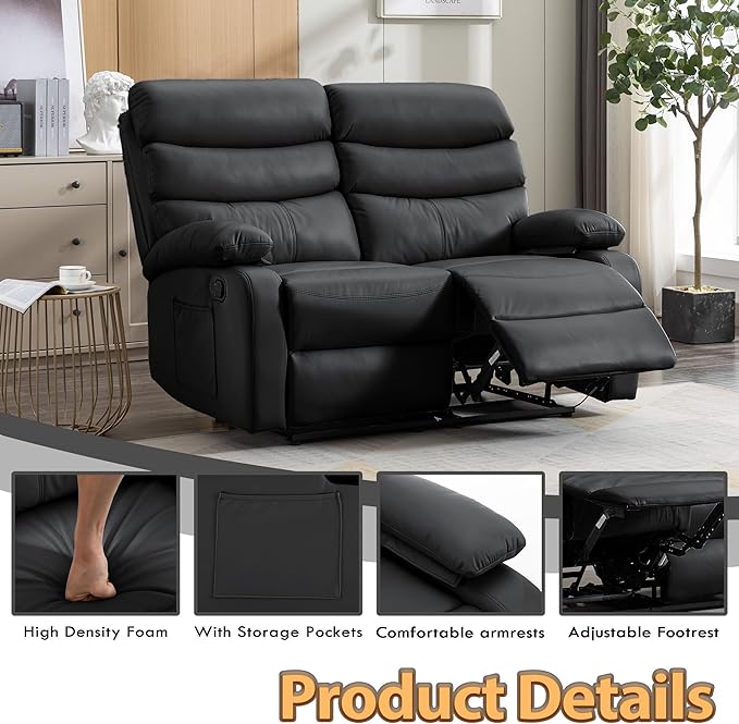 Manual Reclining Loveseat Leather 2 Seat Reclining Sofa Chair with Overstuffed Arms Loveseat Recliner Sofa Hidden Storage for for Living Room RV Home Theater Apartment Black