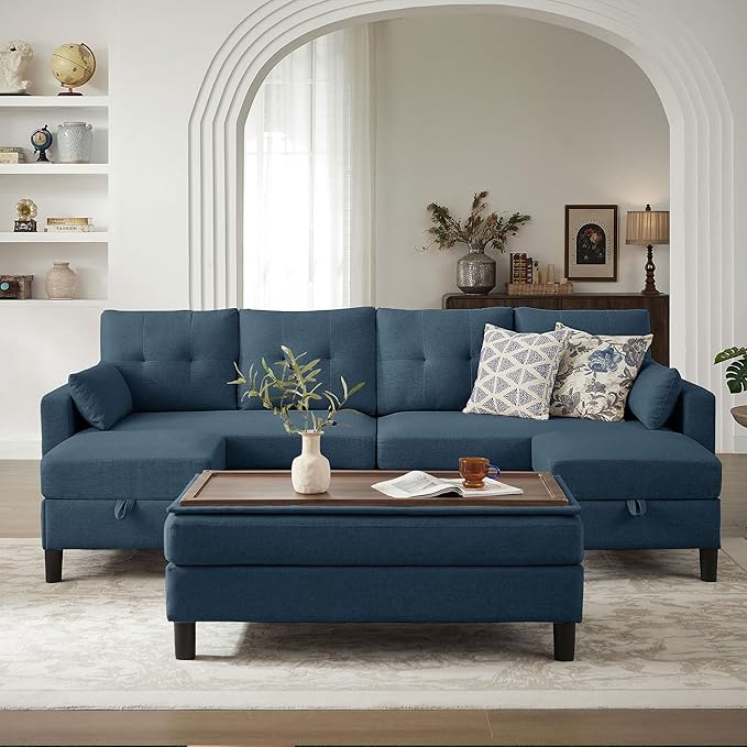 101 Convertible Sectional Sofa Modern Linen Fabric U-Shaped Couch with Reversible Chaises and Ottoman Coffee Table 4 Seat Sofa Couches for Living Room Apartment Office Blue