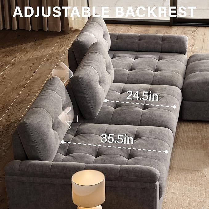 Oversized Modular Sectional Sofa with Adjustable Back Modern Comfy Sectional Couch with Storage Ottoman Deep Seat Chenille Cloud Couch for Living Room Only Ottoman Light Gray