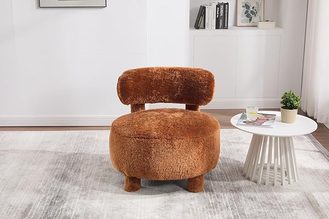 Upholstered Armless Chairs Modern Fur Accent Chair Cute Furry Chairs with Curved Backrest and Solid Wooden Legs for Living Room Bedroom Reading Room Khaki