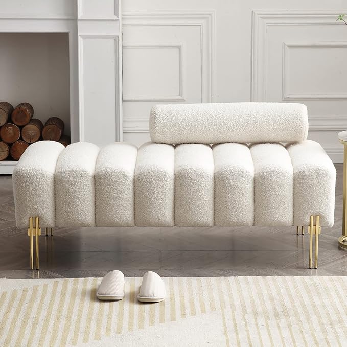 NIOIIKIT 53.2 Modern Loveseat Sofa Couch Upholstered Accent Sofa with Golden Legs and Adjustable Backrest Small Teddy Fleece Couches for Bedroom Living Room Compact Small Space (Beige Teddy)