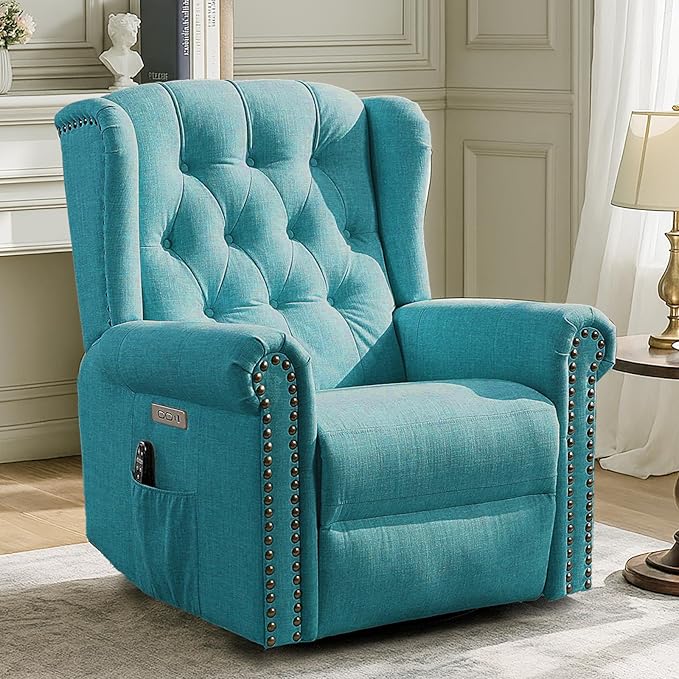 MEETWARM Power Swivel Rocking Glider Recliner Chair with Heat and Vibration Electric Rocker Nursery Reclining Chair Wingback Tufted Upholstered Recliner for Living Room Type-C &amp USB Ports (Teal