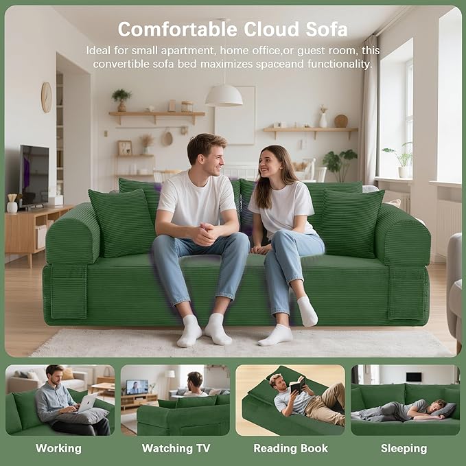 83 Modern Sofa in a Box No Assembly Oversized 3 Seater 28 Deep Seat Cloud Sofa Bed Couch with 4 Furry Pillows &amp Corduroy Fabric Boneless Couch with Side Storage Pockets for Living Room Green
