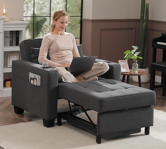 DURASPACE 36.6 Inch Sleeper Chair 3-in-1 Convertible Chair Bed Pull Out Sleeper Beds Adjustable Single Armchair Sofa with USB Ports Side Pocket Cup Holder (Dark Gray Linen)