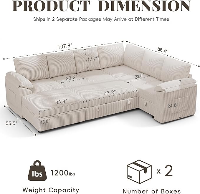 108 Inch Sectional Sleeper Sofa Bed with Pull Out Couch U Shaped 7 Seat Cloud Modular Sectional Sofa with Storage Corduroy Sectional Couches for Living Room Removable Sofa Cover Beige