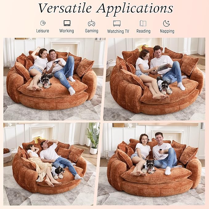 81.1W Oversized Round Chaise Lounge Chair Indoor Sofa Bed Extra Wide Round Couch for 2 People Oversized Chair with 14 Pillows Comfy Cloud Reading Couch Fluffy Sleeper Sofa for Living Room (Orange)