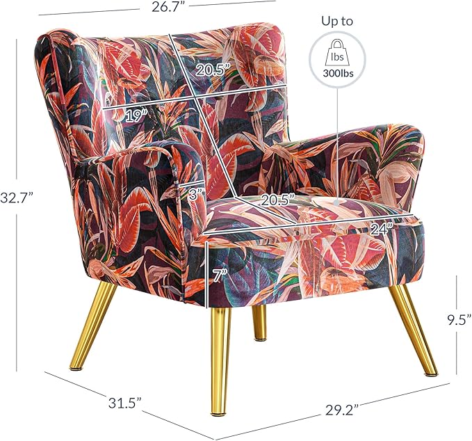 BELLEZE Modern Accent Chair High Back Floral Pattern Armchair with Metal Legs Upholstered Wingback Single Chair for Living Room Bedroom Office [Set of 2] - Holland (Red Floral)