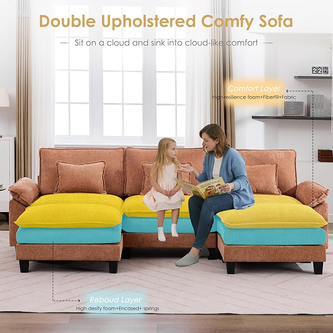 URRED Cloud Couch Modular Sectional Sofa 122 Modern U Shaped Deep Seat Sofa with 2 Ottomans &amp Pillows Ultra Comfy Chenille Couches for Living Room Bedroom or Apartment Orange