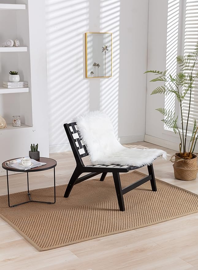 Solid Wood Frame Chair with White Faux Wool. Modern Accent Chair Lounge Chair for Living Room