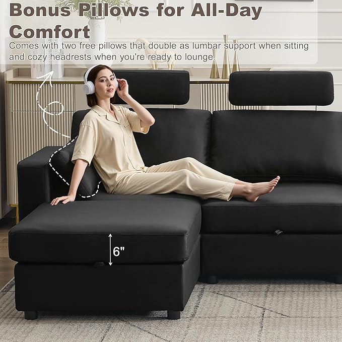 98.2 Oversized 3 Seater Storage Couch Faux Leather Modular Sectional Sofa with Headrest &amp Side Pockets Cloud Upholstered Couches Deep Seat Sofas for Living Room Apartment Small Spaces Black