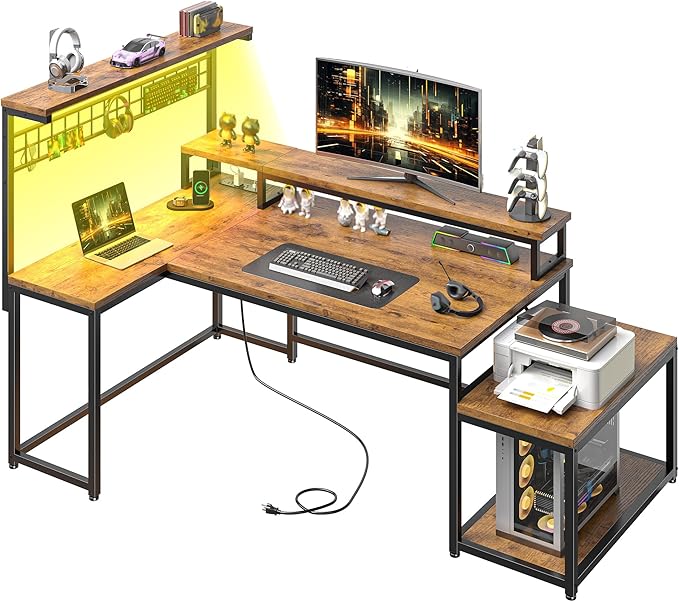 Gaming Desk with Shelves &amp Hooks 63.5L Shaped Computer Desk with LED Lights &amp Power Outlets &amp Monitor Stand and Printer Space for Home Office Writing Desk of Bedroom Living Room Rusti