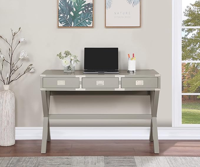 OSP Home Furnishings Wellington 46-Inch Writing Desk with Power Hub and 3 Storage Drawers Grey