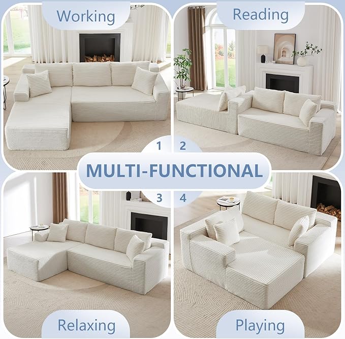 103 L-Shape Cloud Couch with Chaise Upholstered Corduroy Modular Sectional Sofa Deep Seat Couch with Free Combination for Living Room &amp ApartmentNo Assembly Required(WhiteLeft Facing Chaise)