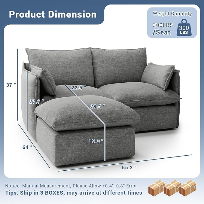 Cloud Modular Sectional Sofa Waterproof Down Filled Sectional Sofa High Backrest Loveseat Couch with Ottoman Modern Modular Couch with Removable Cover Dark Gray