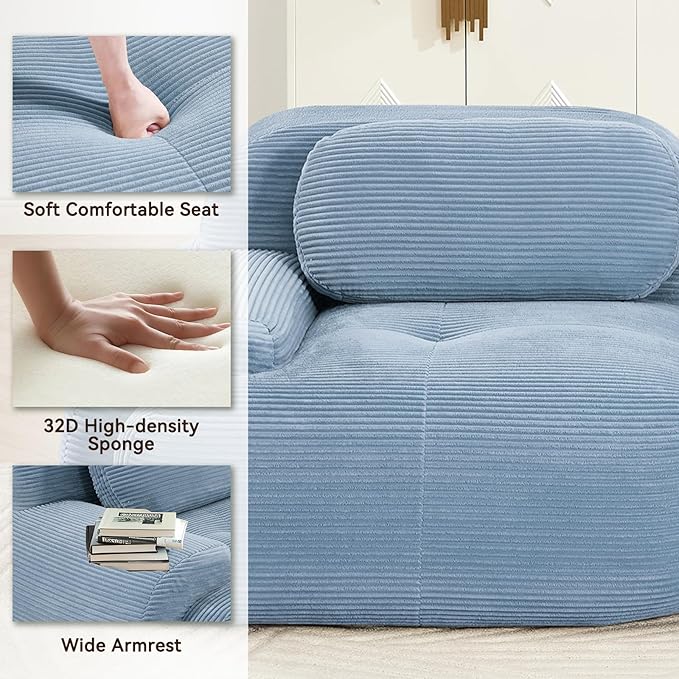 81.8 L Shaped Sectional Cloud Sofa CouchCorduroy Modern Memory Foam Boneless Modular Couches Chaise for Living Room Bedroom(2-Seater&amp1 OttomanBlue)