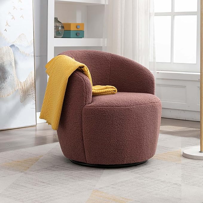 Swivel Barrel Chair with Foam FilledSwivel Accent ChairComfy Backrest Teddy Round Swivel Chair for Living Room (Dark Red)