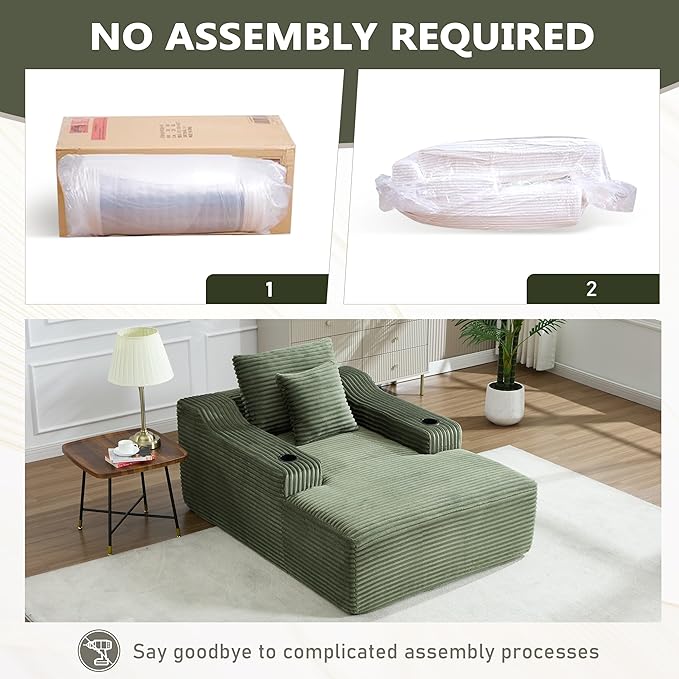 PELUMY 67 Oversized Chaise Lounge Sofa Bed Corduroy Boneless Sleeper Sofa with 2 Pillows &amp 2 Cup Holders Plush Cloud Couch for Living Room No Assembly Required (Green)