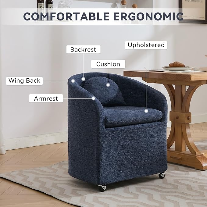 KEIKI Set of 1 Chenille Fabric Dining Armchair with Back Cushion and Universal Wheels Ergonomic Backrest 250 lbs Capacity Easy Assembly for Dining Room and Indoor Spaces