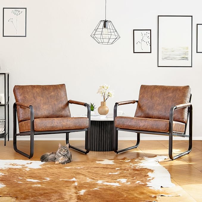 PrimeZone Mid-Century Modern Accent Chair Set of 2 - Comfy Faux Leather Living Room Chair Lounge Armchair with Extra Soft Padded &amp Cushion Ergonomic Accent Chair for Bedroom Office Brown