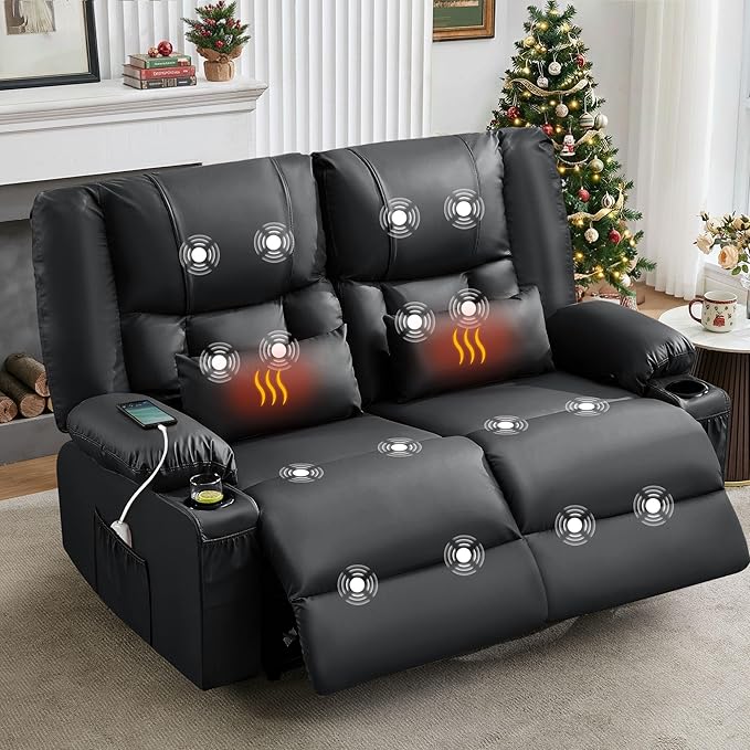 Black Leather Reclining Loveseat with Massage/Heat/Pillow/USB/Cup Holders Oversized Loveseat Recliner for Living Room Manual Reclining Sofa for Adults 700 Lbs Capacity (Black)